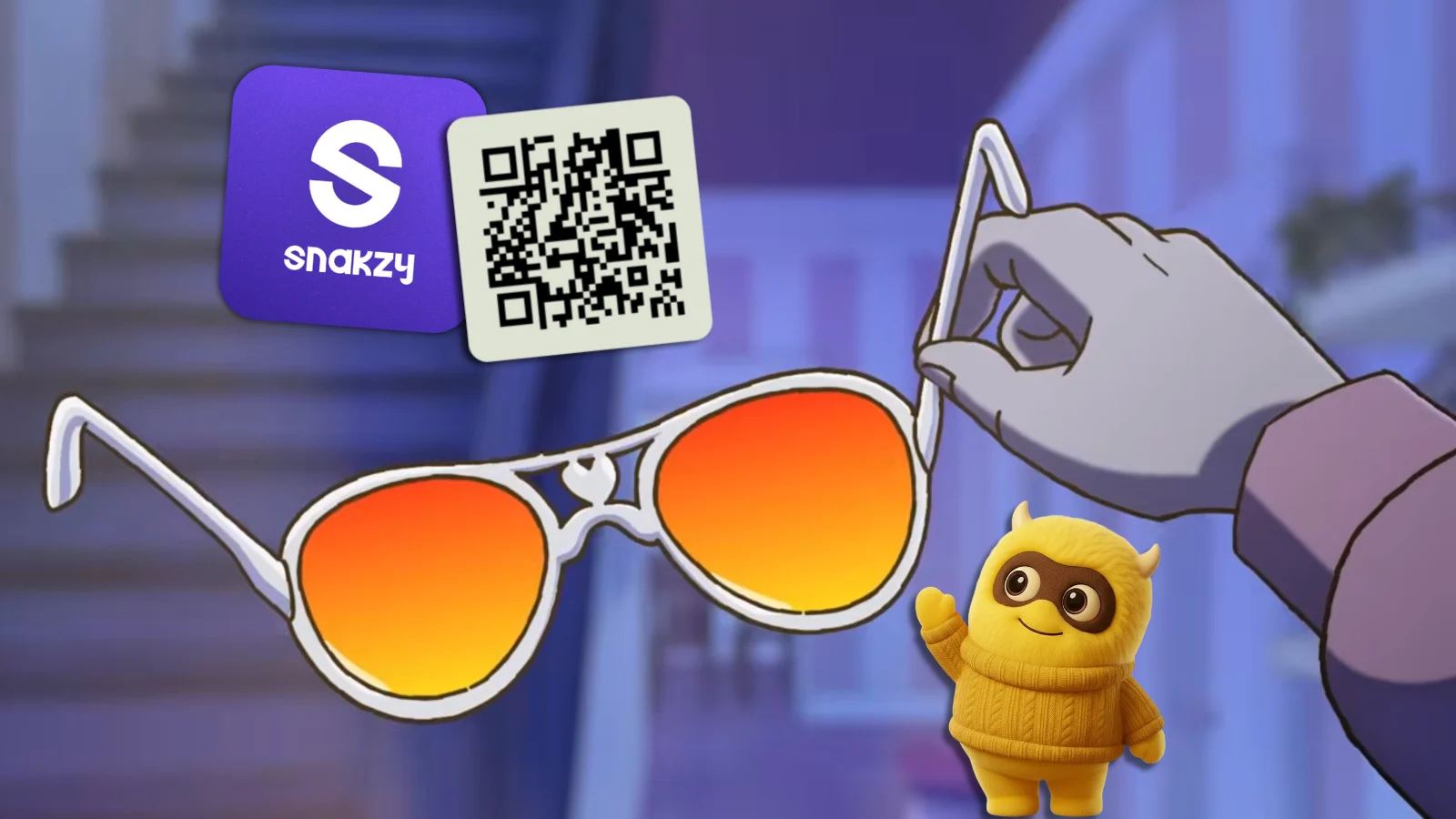 Dateviators-style glasses next to the Snakzy app logo and QR code for downloading Snakzy