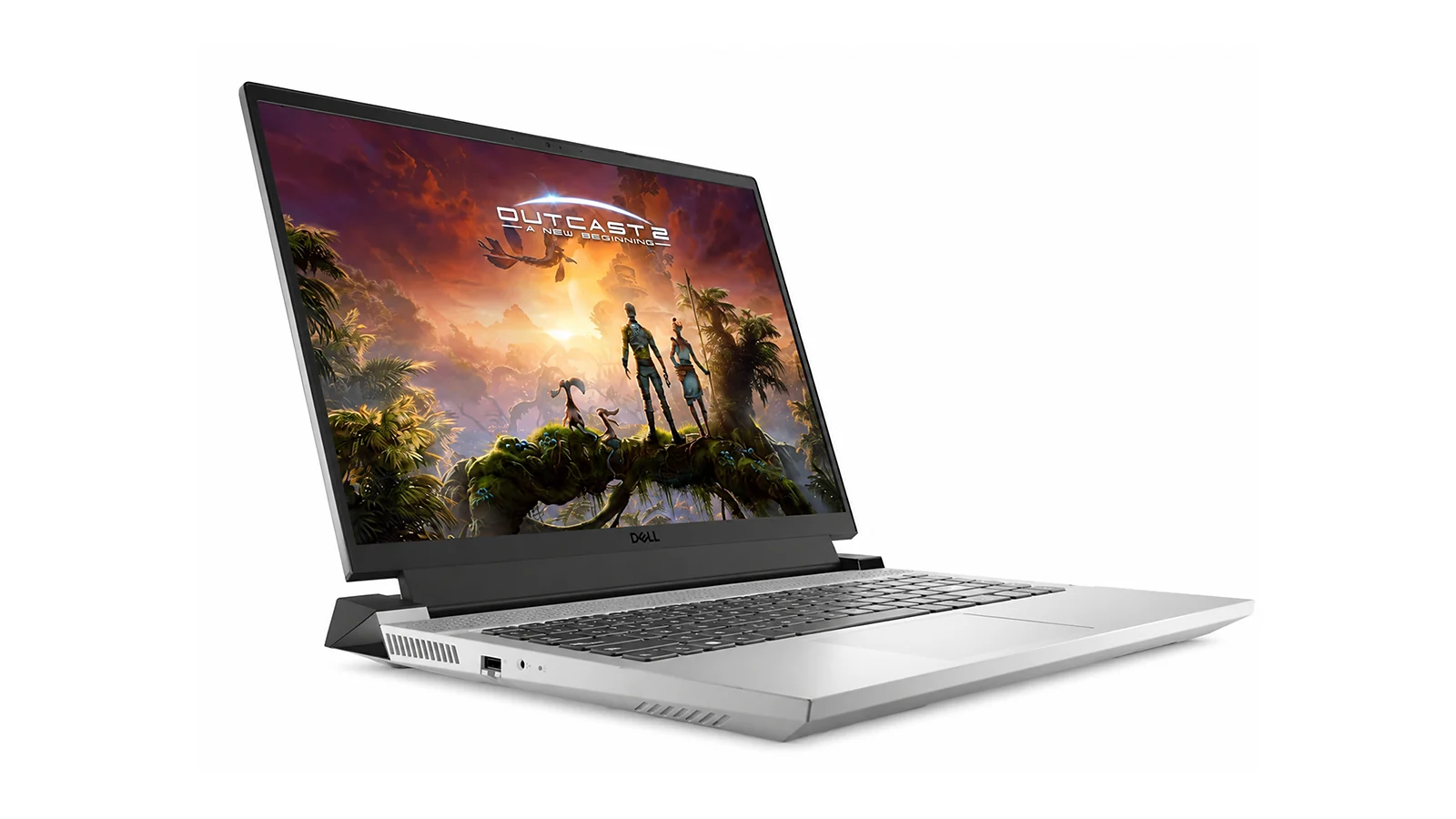 Dell G16 7630 gaming laptop at left-side angle showing 16-inch display with game on screen
