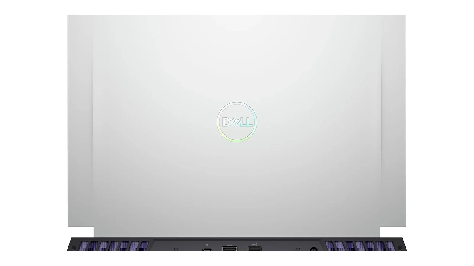 Dell G16 7630 gaming laptop closed lid front view with Dell logo and blue-lit bottom ports