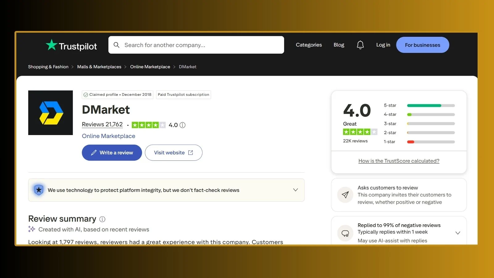 DMarket-Seite auf Trustpilot