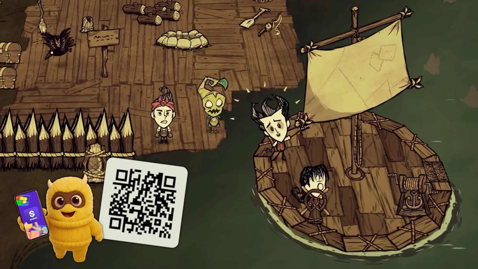 La mascota Snakzy con un código QR a bordo de una balsa en Don’t Starve Together