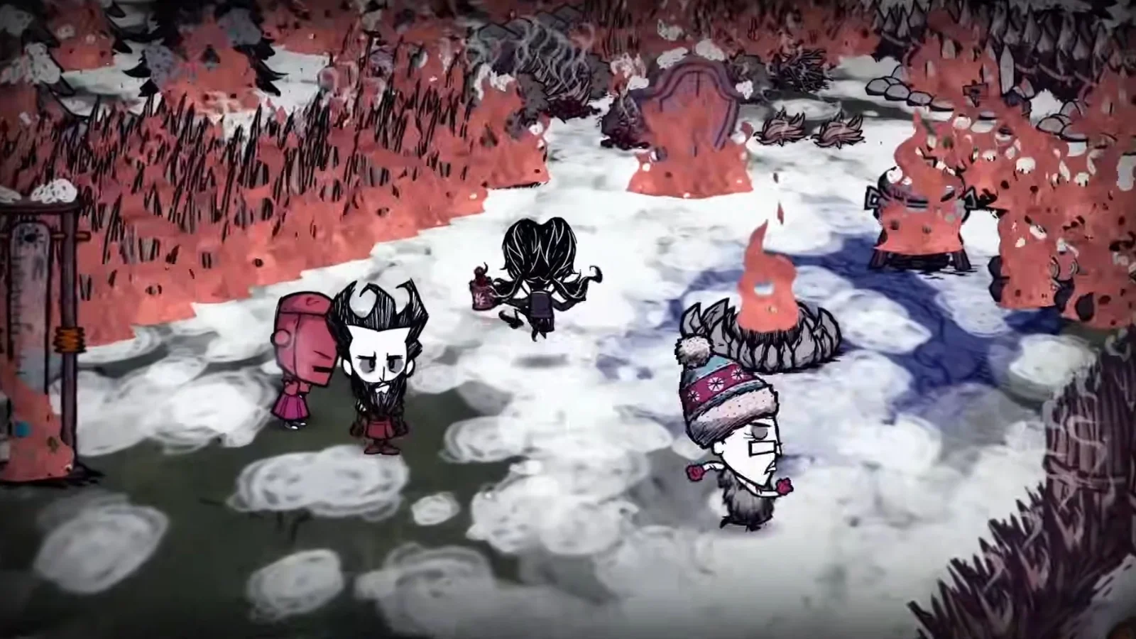 Una escena de supervivencia invernal cubierta de nieve en «Don’t Starve Together»