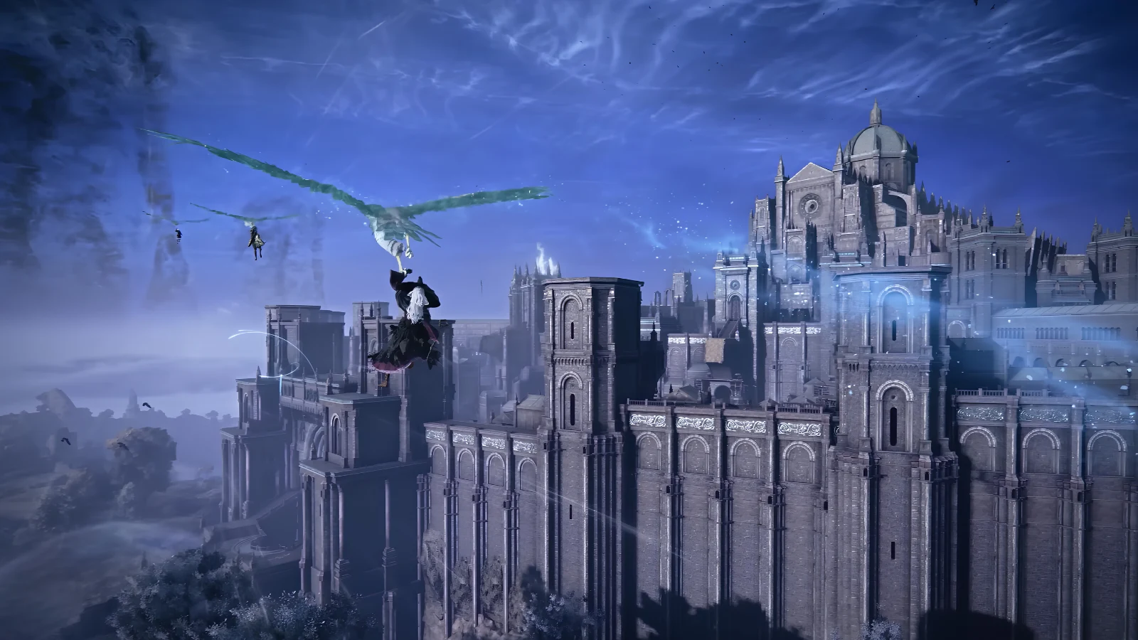 ELDEN RING NIGHTREIGN castle and flying creatures in Limveld