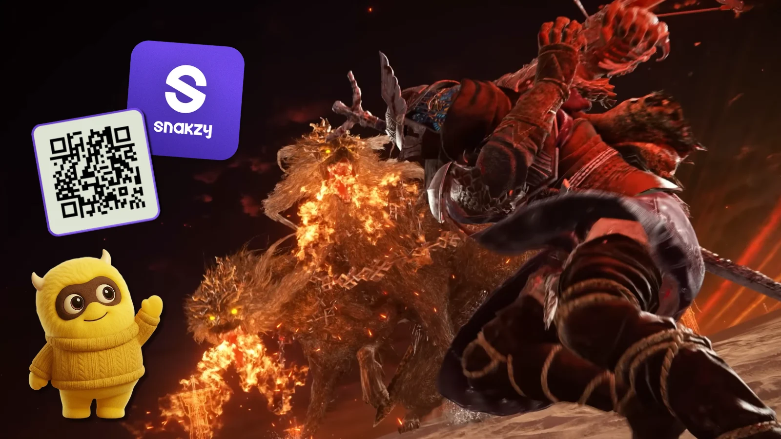 Snakzy mascot QR code over ELDEN RING NIGHTREIGN battle action
