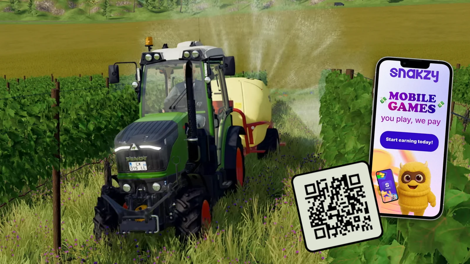 Tractor spraying crops next to the Snakzy mobile app QR code
