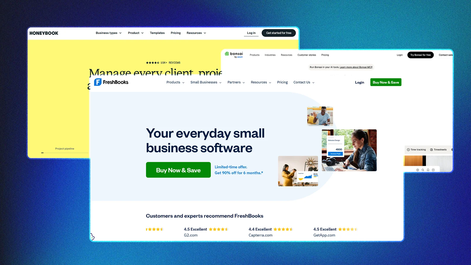 Freshbooks, bonsai and honeybook website pages