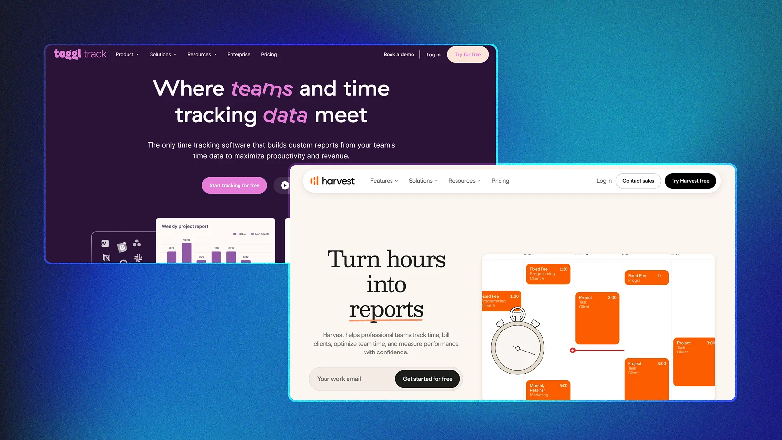Toggl Track and Harvest webpages