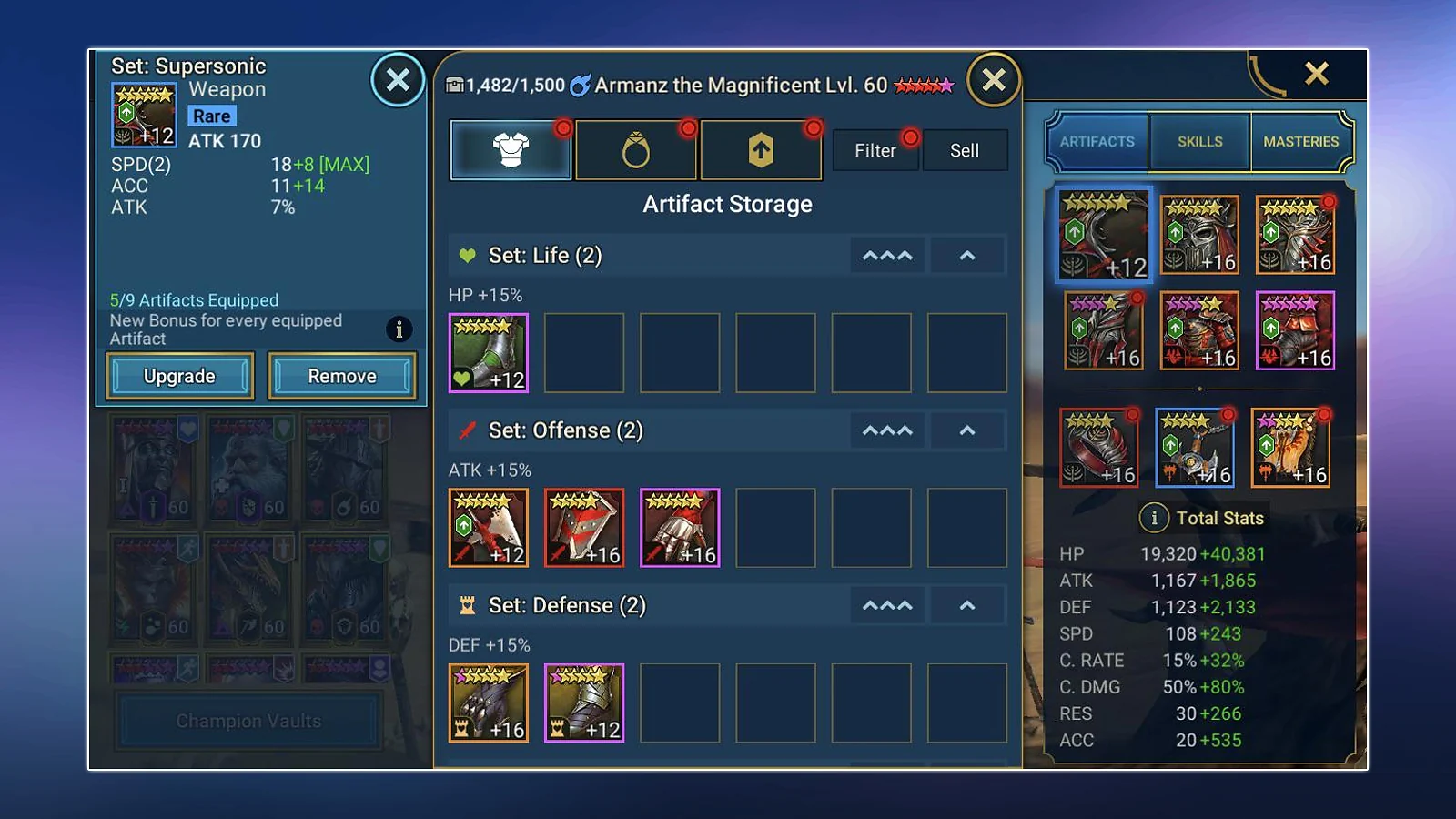 Artifact storage interface displaying gear upgrades and set bonuses in Raid Shadow Legends