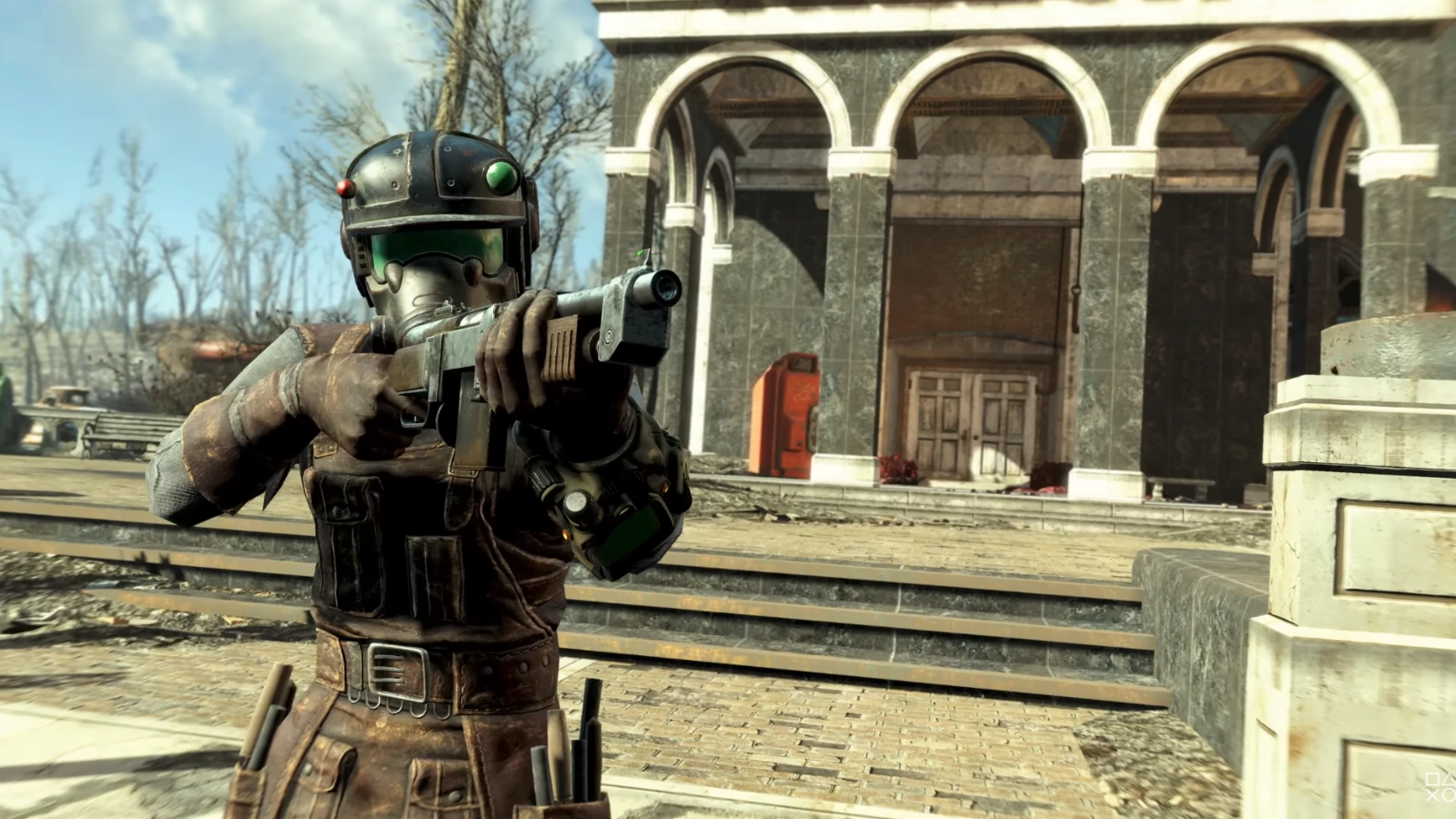 Armored wastelander aiming a weapon amid Commonwealth ruins