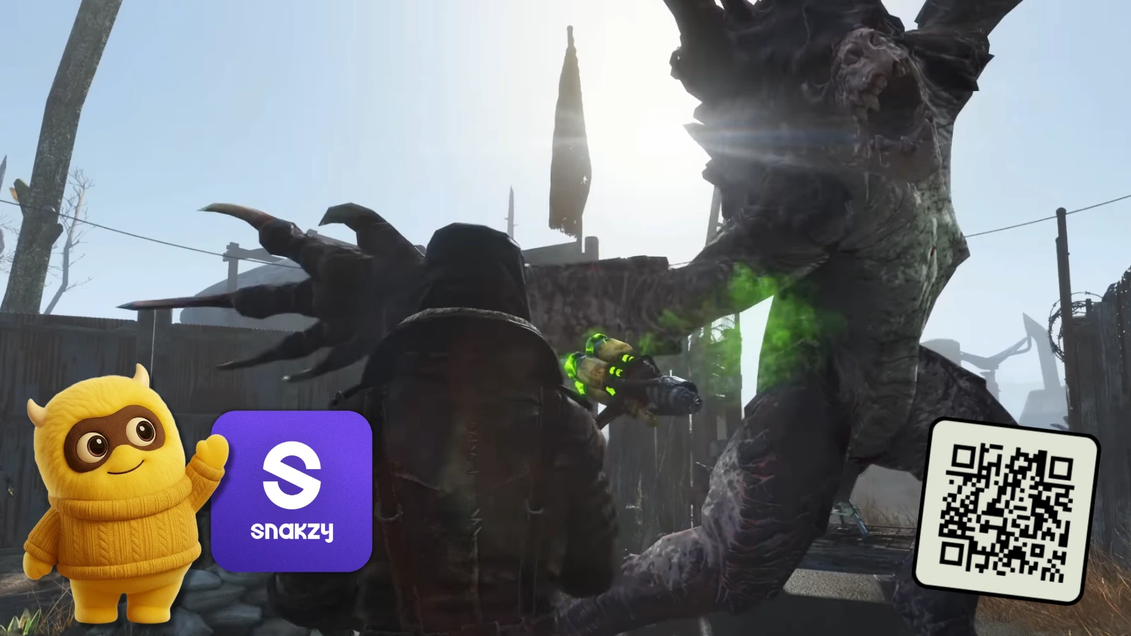 Player battling a mutated creature next to the Snakzy mascot and app QR code