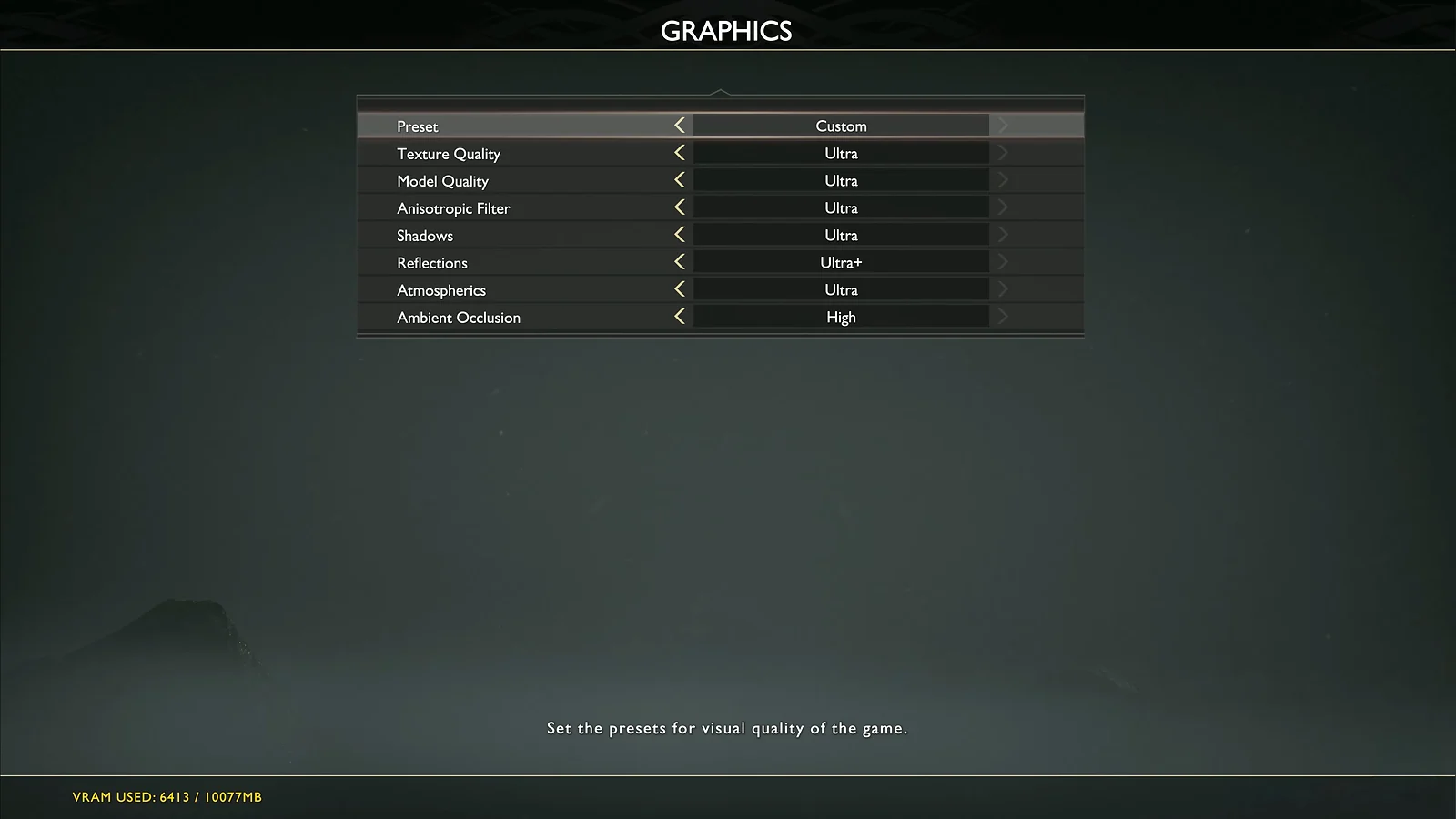 Menu ustawień graficznych w grze „God of War” z gotowymi ustawieniami dostosowanymi do poziomu „Ultra”