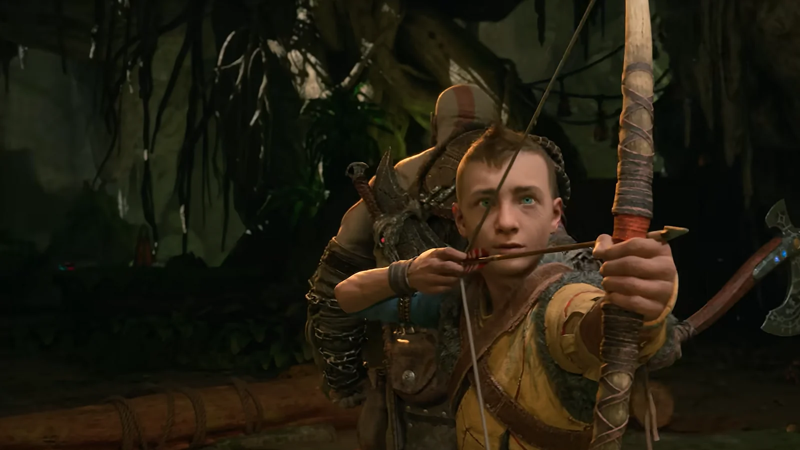 Atreus aiming a bow and arrow in God of War Ragnarök