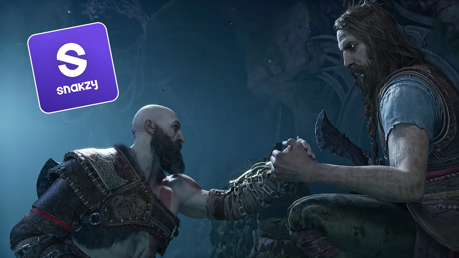 Kratos and Atreus alongside the Snakzy logo