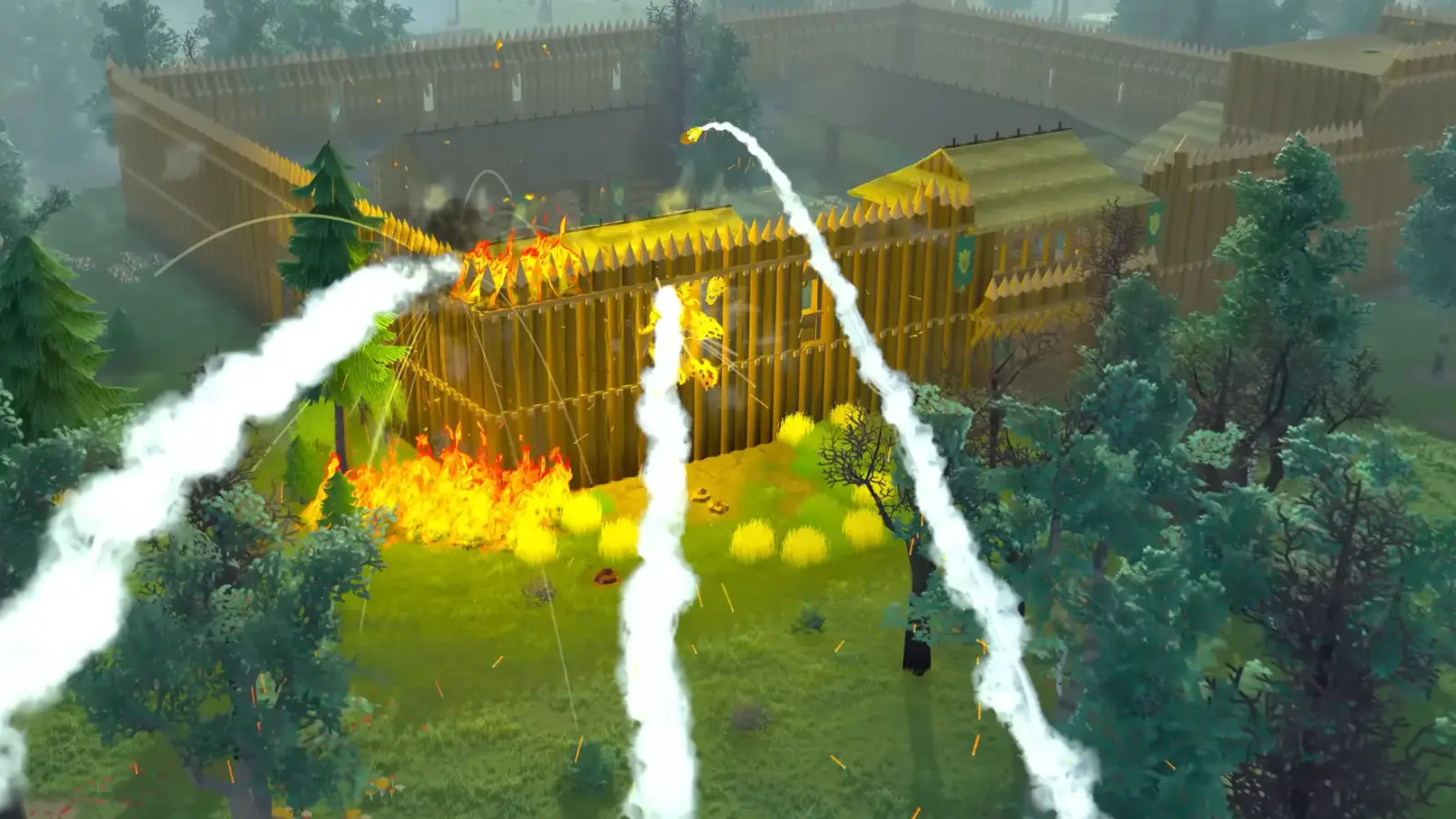 A Going Medieval settlement's fortress under siege and on fire