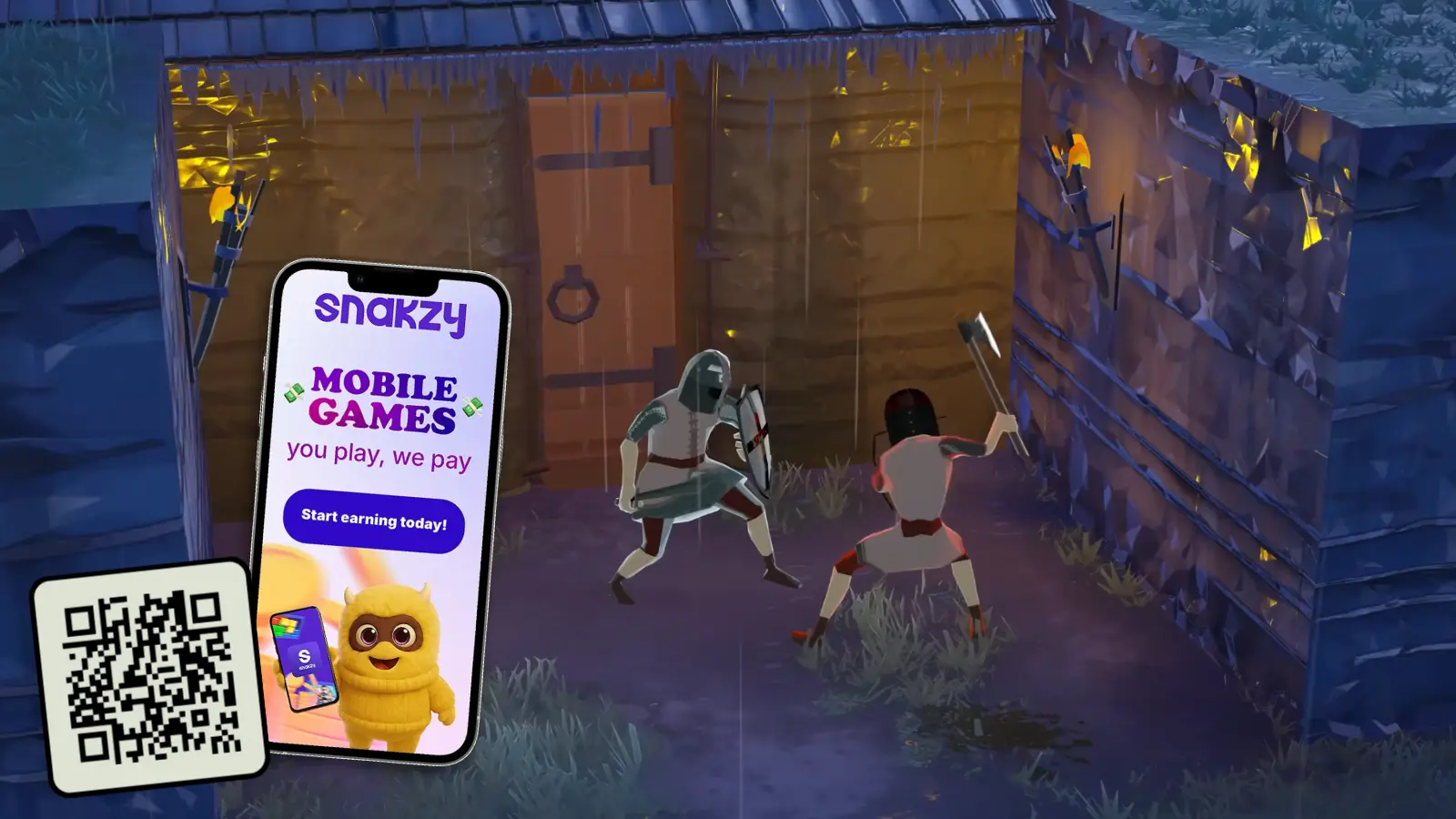 Going Medieval sword duel scene promoting the Snakzy app QR code