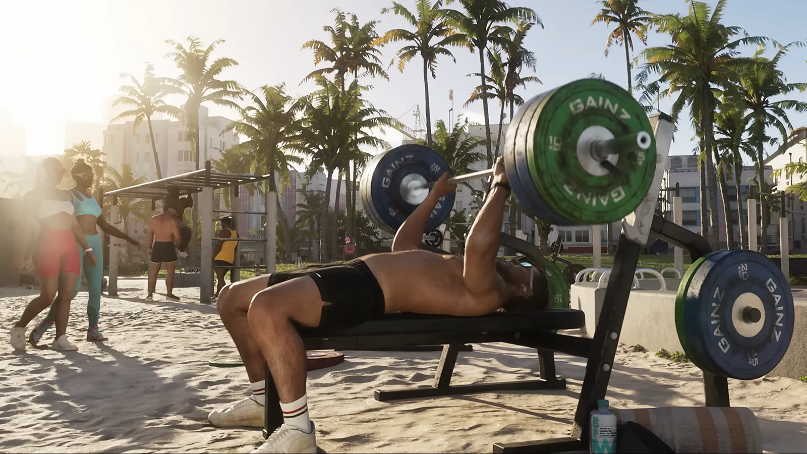 a character works out on the beach