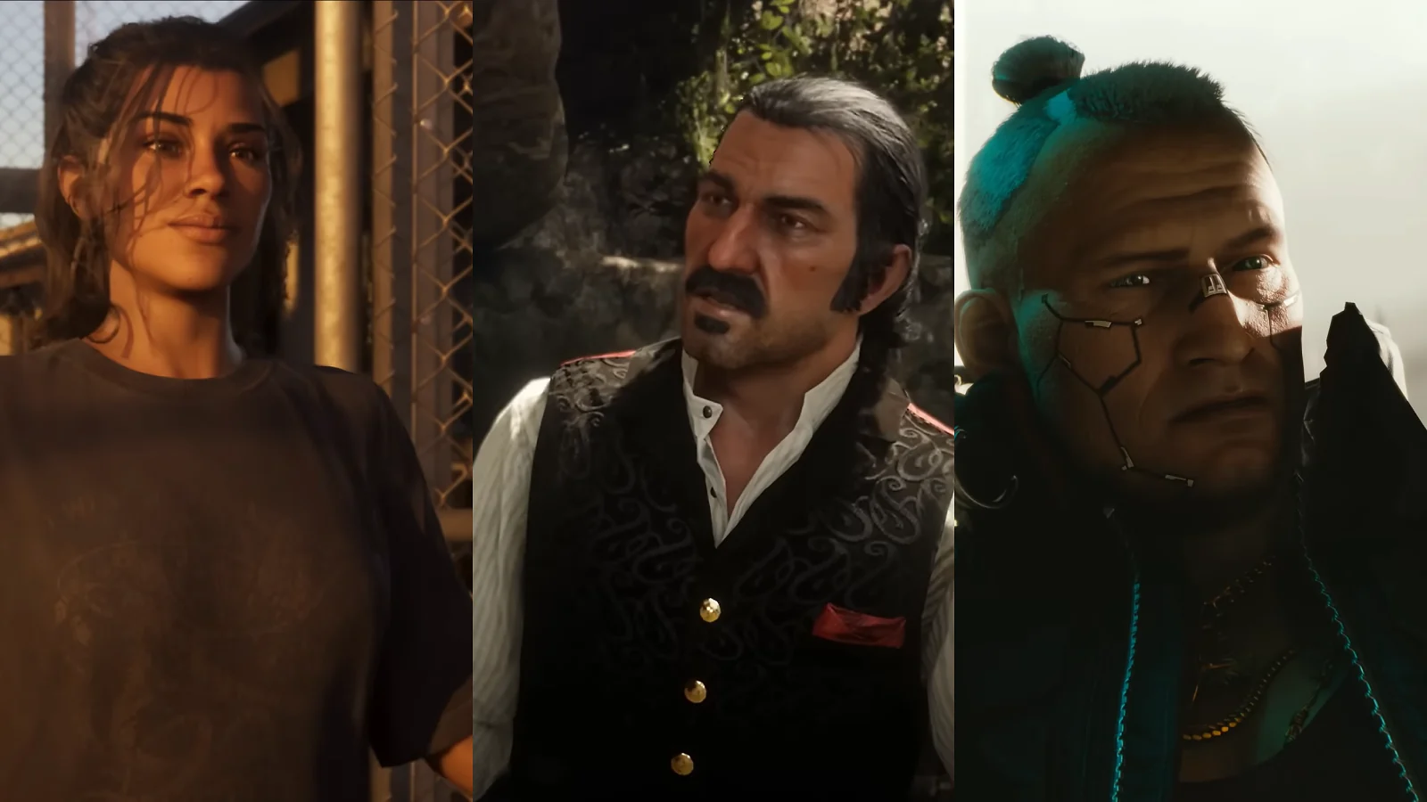 three characters from gta6, RDR2 and Cyberpunk 2077