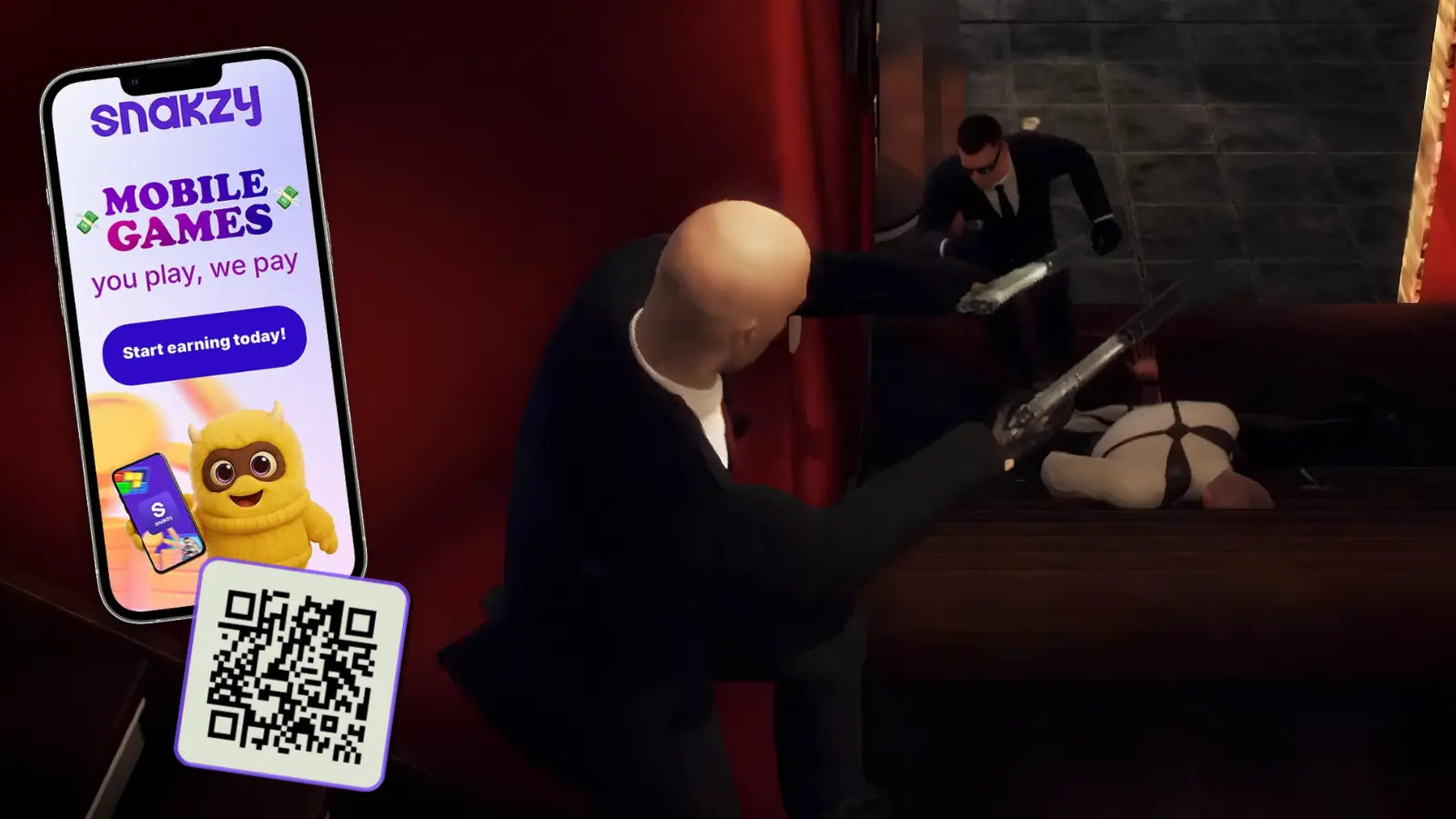Snakzy app screen and QR code beside a Hitman: Absolution action scene