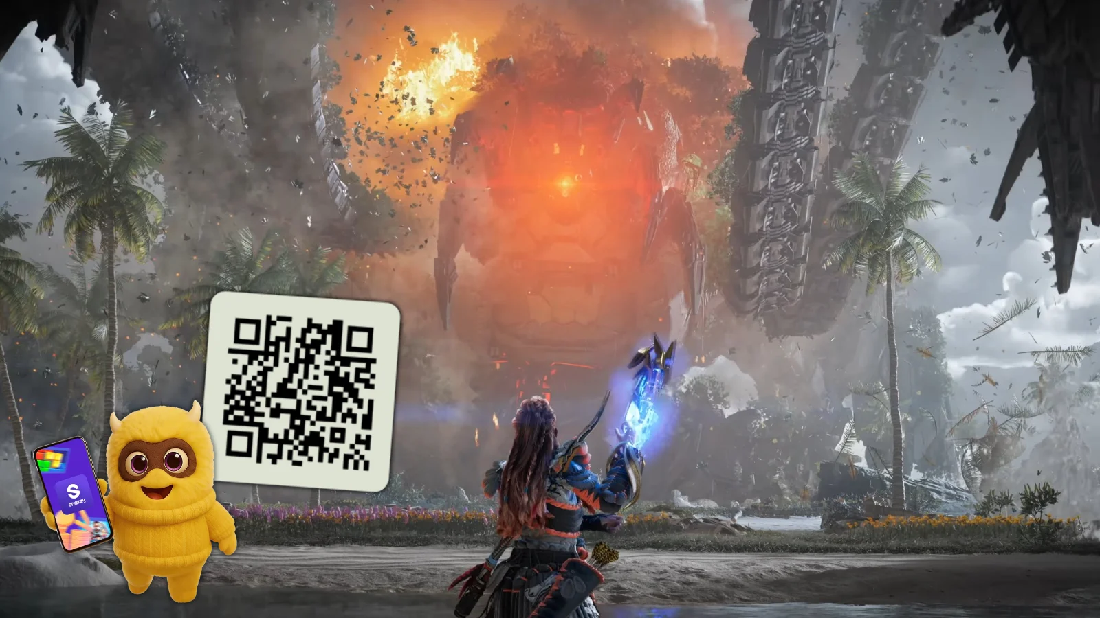 Snakzy app promotion with QR code over an epic Horizon Forbidden West battle scene