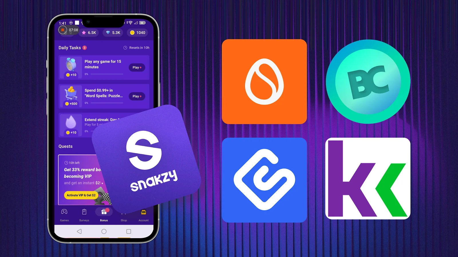 snakzy app displaying on the phone and 5 logos