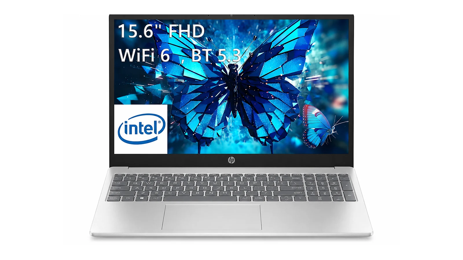 HP Laptop 15 front view on white background showing 15.6-inch FHD display with Intel badge