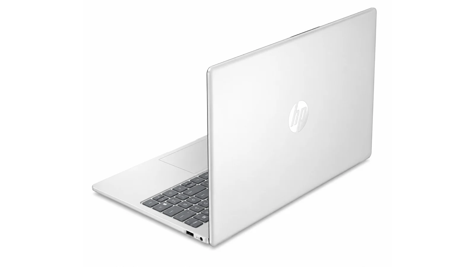 HP Laptop 15 rear lid view on white background showing silver HP logo from above-left angle