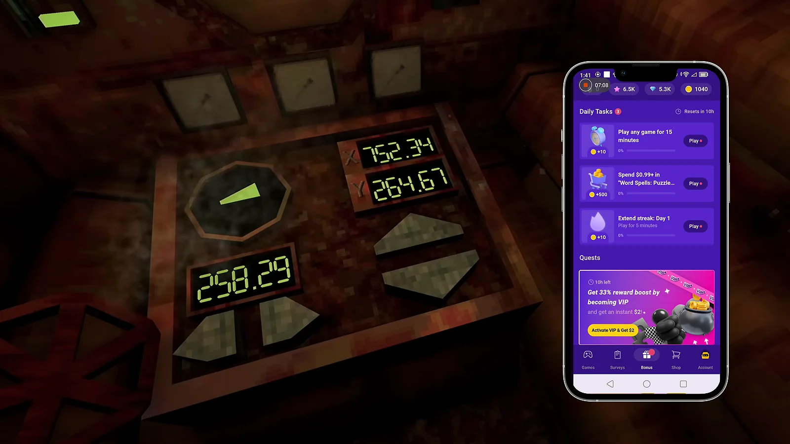 Iron Lung gameplay next to the Snakzy rewards app used to earn it free