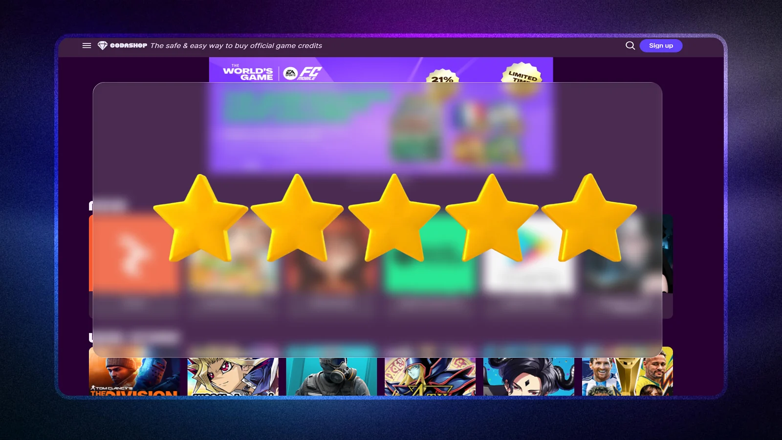 codashop website pages and stars