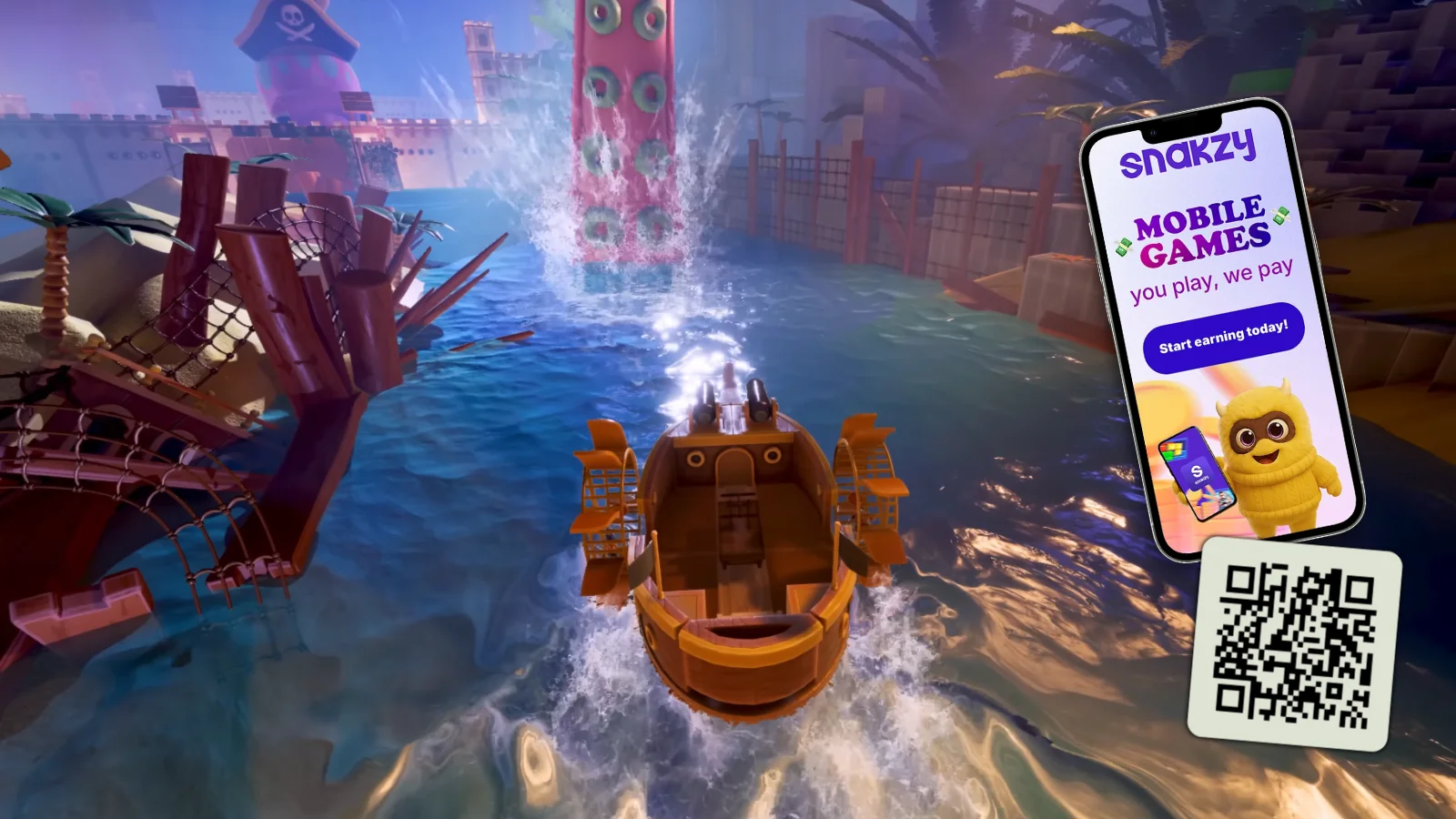 A boat racing chapter in It Takes Two next to a QR code for the Snakzy app