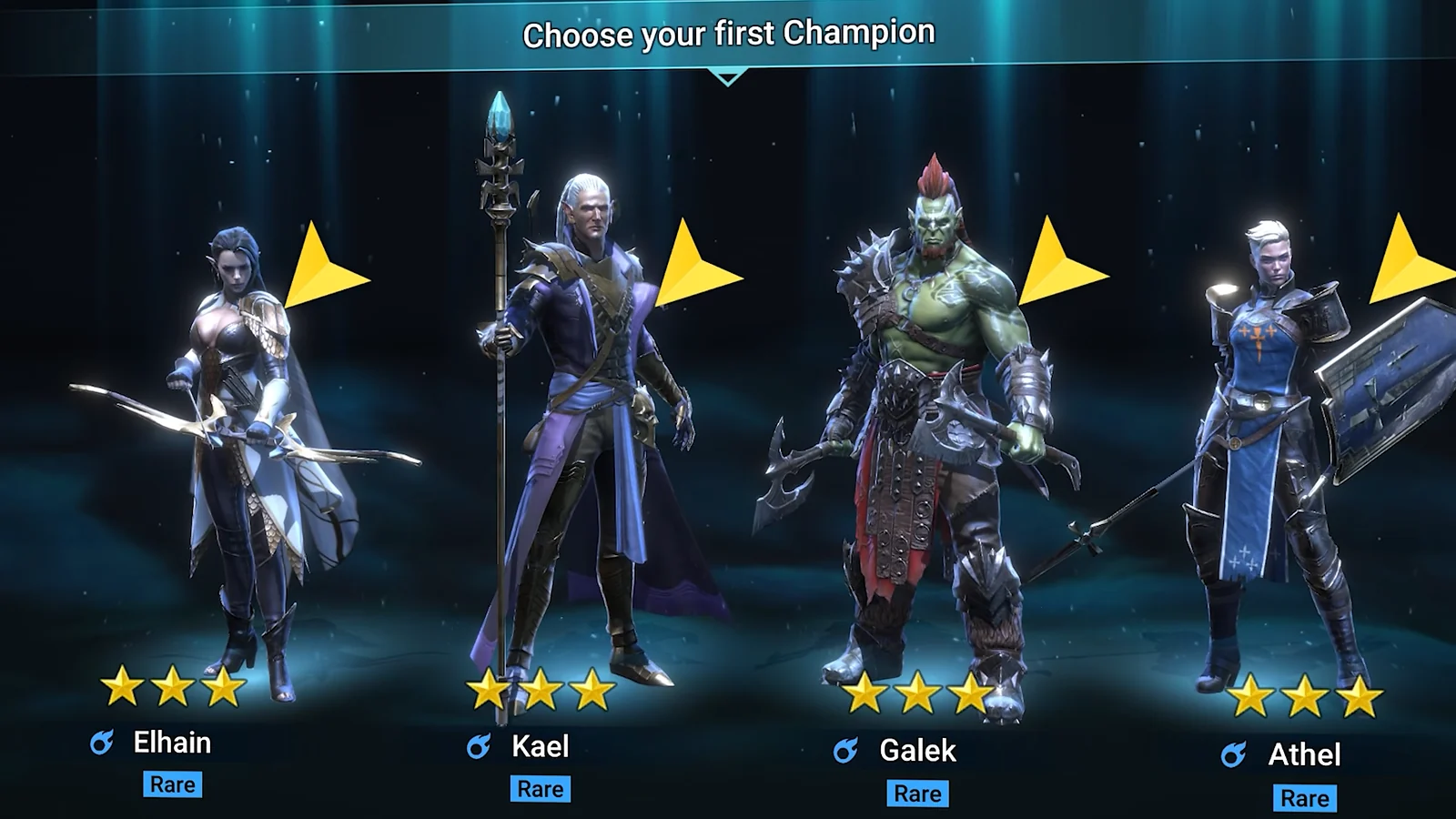Starter champion selection screen featuring Elhain, Kael, Galek, and Athel in Raid Shadow Legends