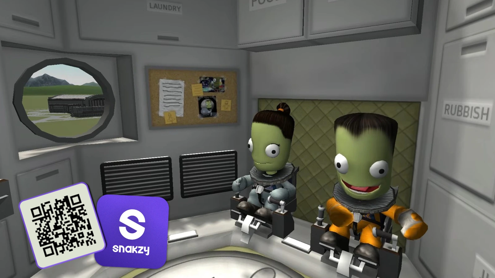Imagen de la cabina de una nave espacial inspirada en «Kerbal Space Program»», con el logotipo de Snakzy y un código QR