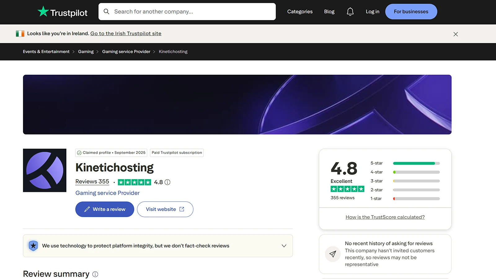 trustpilot review of Kinetic hosting