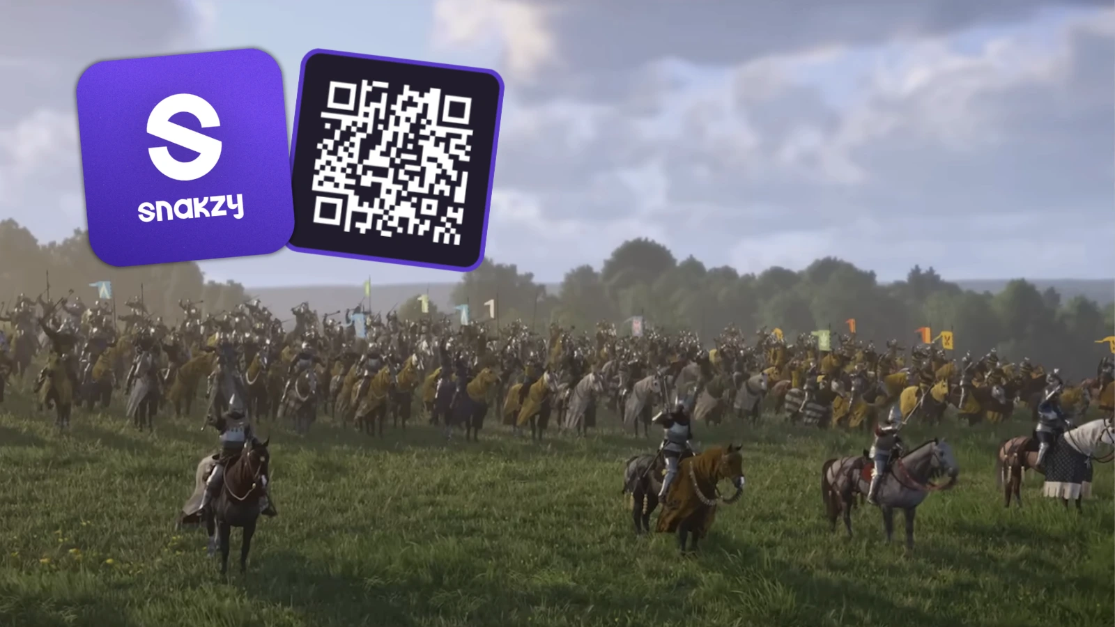 Cavalry battle scene from Kingdom Come: Deliverance II with the Snakzy logo and QR code