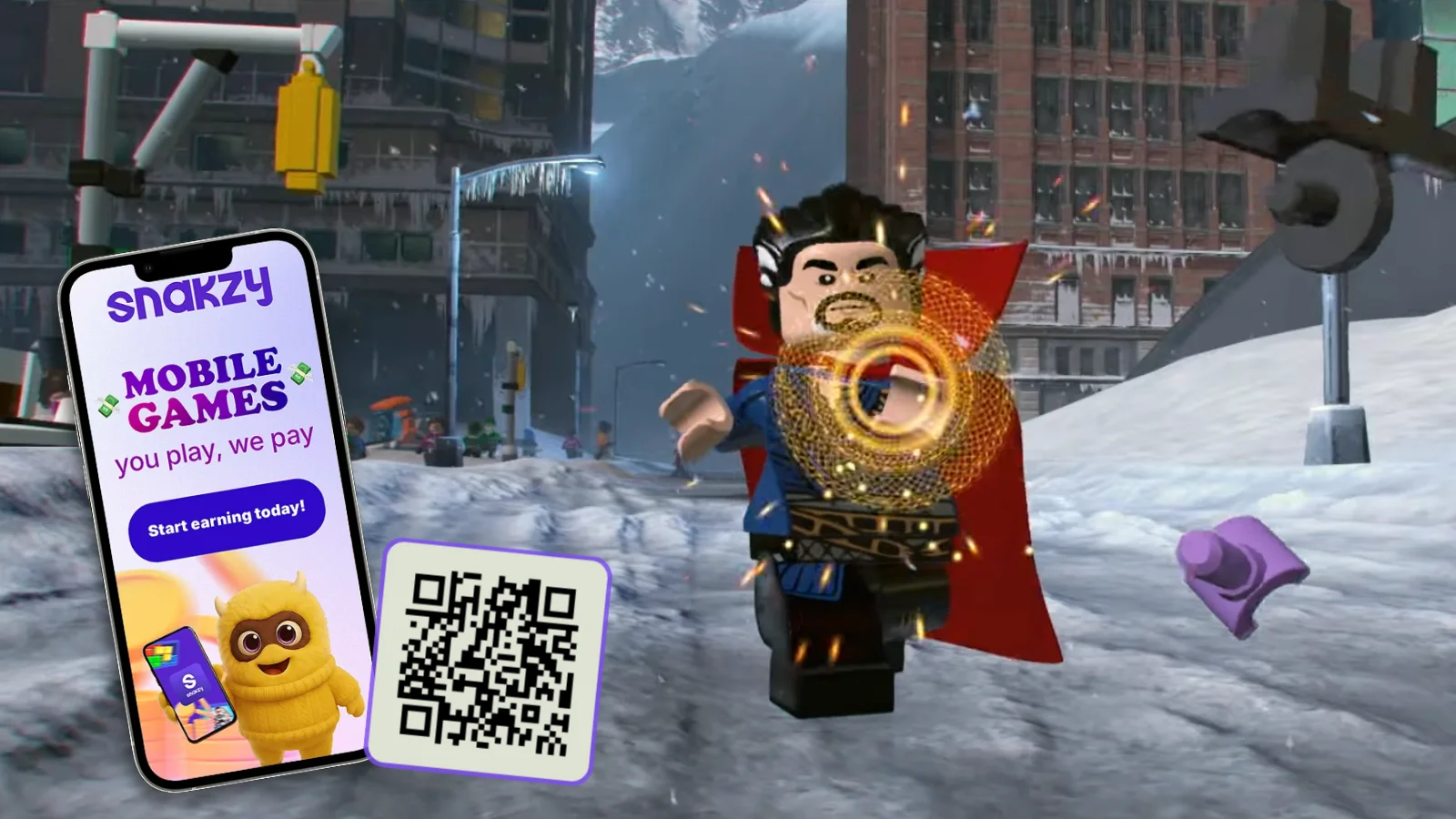 Captura de pantalla de la aplicación Snakzy sobre una zona nevada de Chronopolis, de «LEGO Marvel Super Heroes 2, Edición Deluxe»