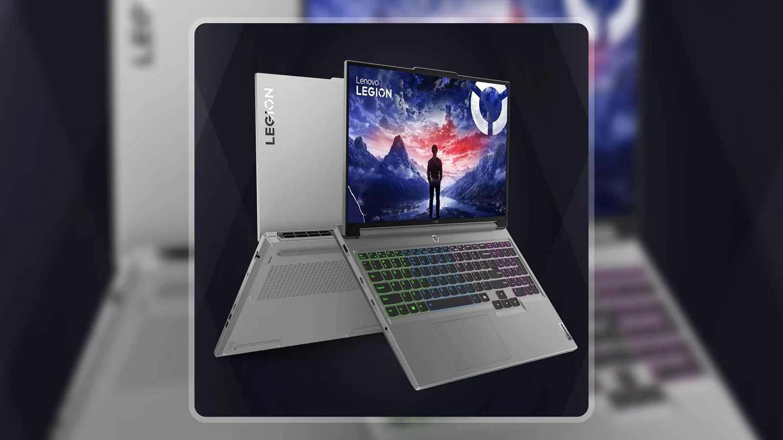 Lenovo Legion Pro 7i Gen 8 dual-angle view showing open display with gaming wallpaper and closed rear lid