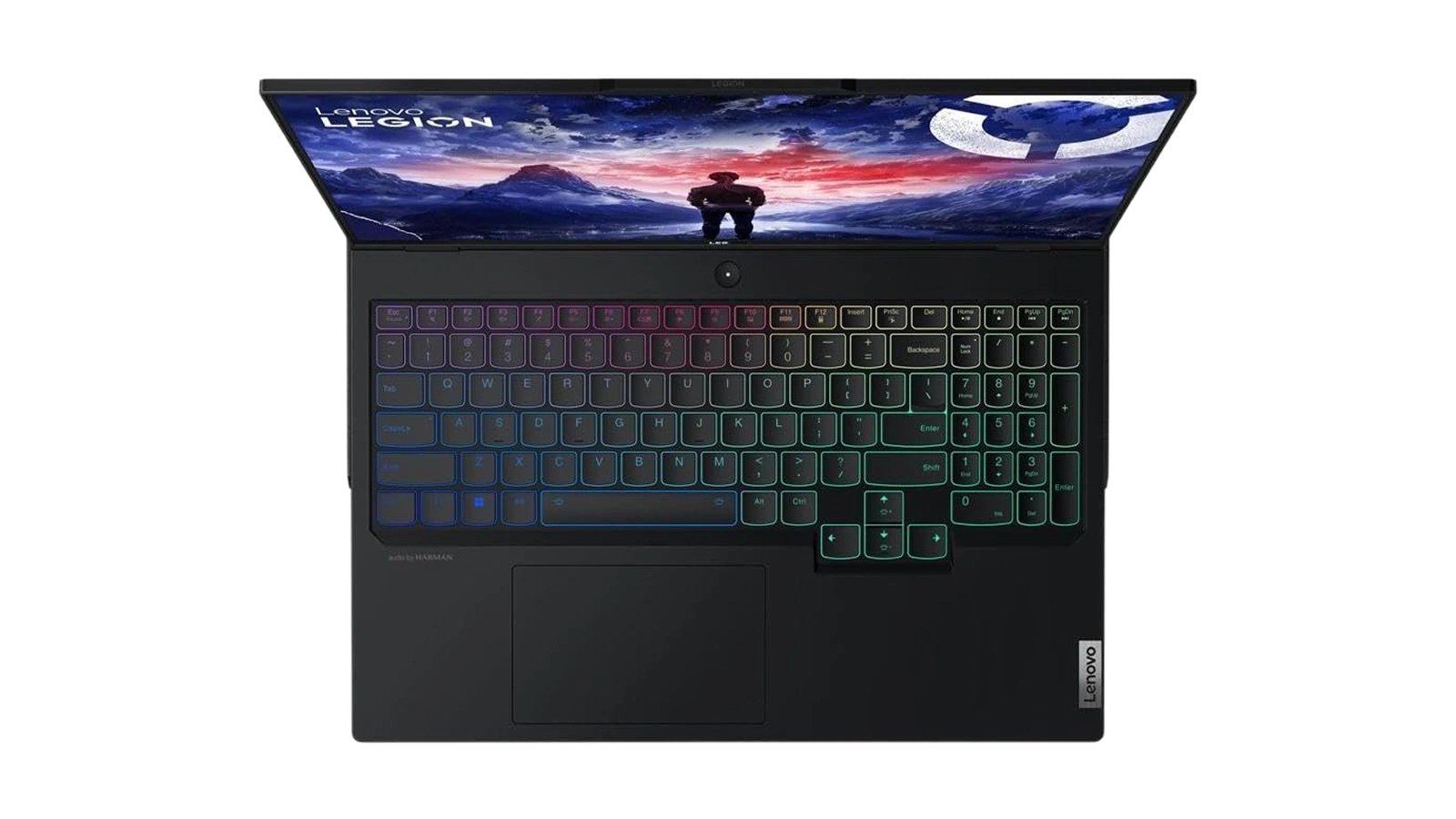 Lenovo Legion Pro 7i Gen 9 overhead view showing full RGB keyboard layout and display