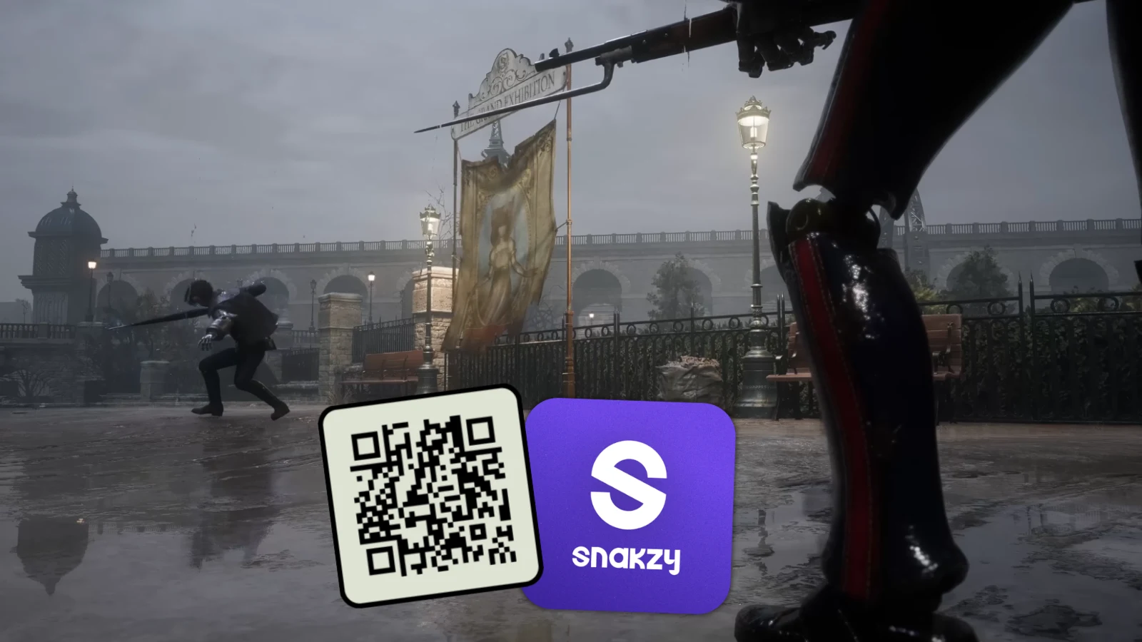 Lies of P screenshot with the Snakzy app logo and QR code overlay