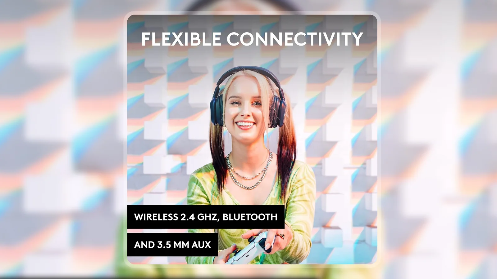 Logitech G Astro A30 wireless gaming headset worn by a smiling gamer holding a game controller