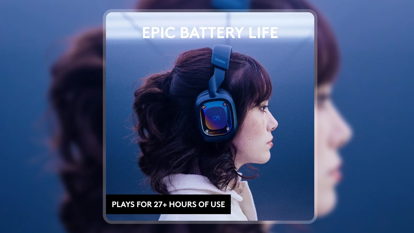 Woman wearing Logitech G Astro A30 wireless gaming headset in side profile against a cinematic blue glow