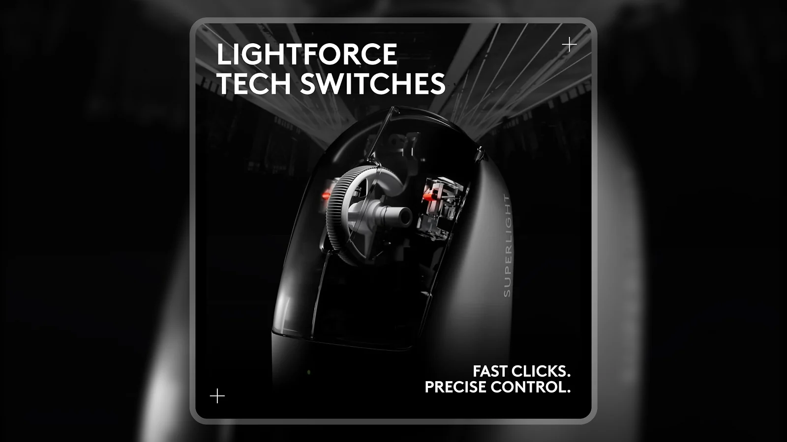 Logitech G Pro X Superlight 2 LIGHTFORCE switch mechanism detail in dark studio setting