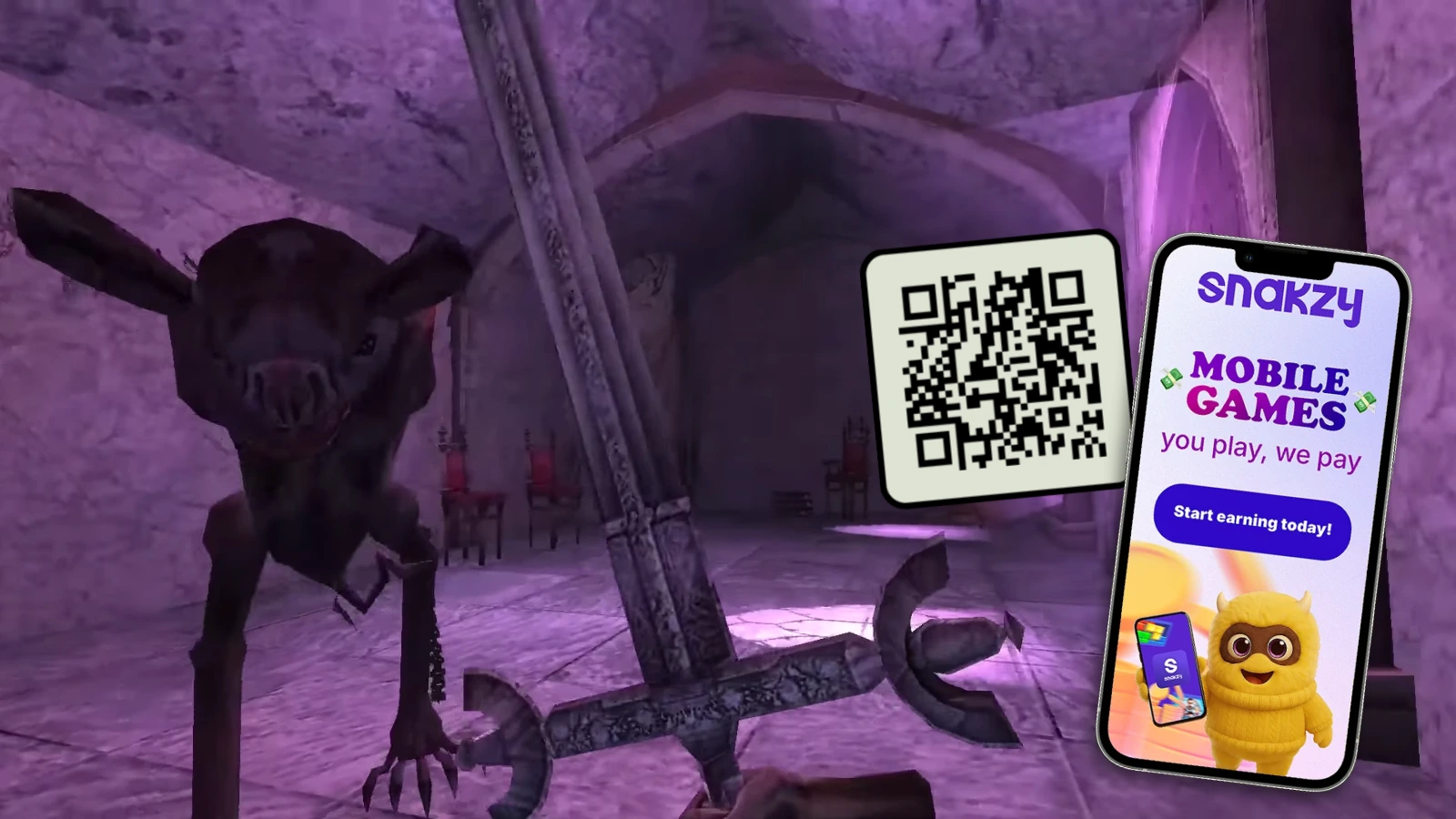 Snakzy mobile app and QR code shown alongside Lunacid sword and creature artwork