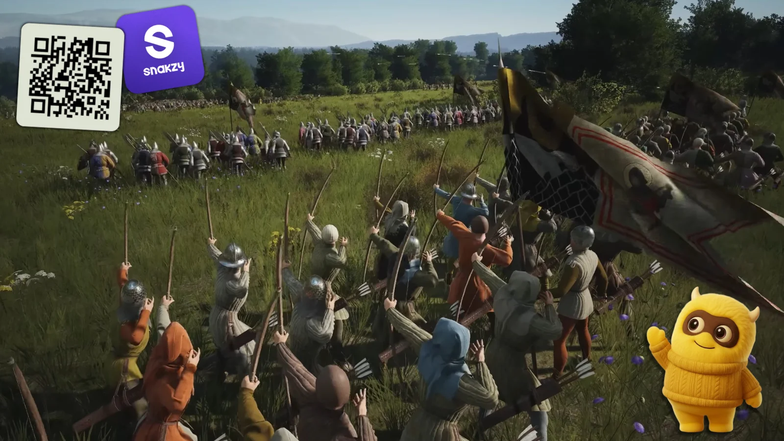 Manor Lords battlefield scene with a Snakzy QR code overlay