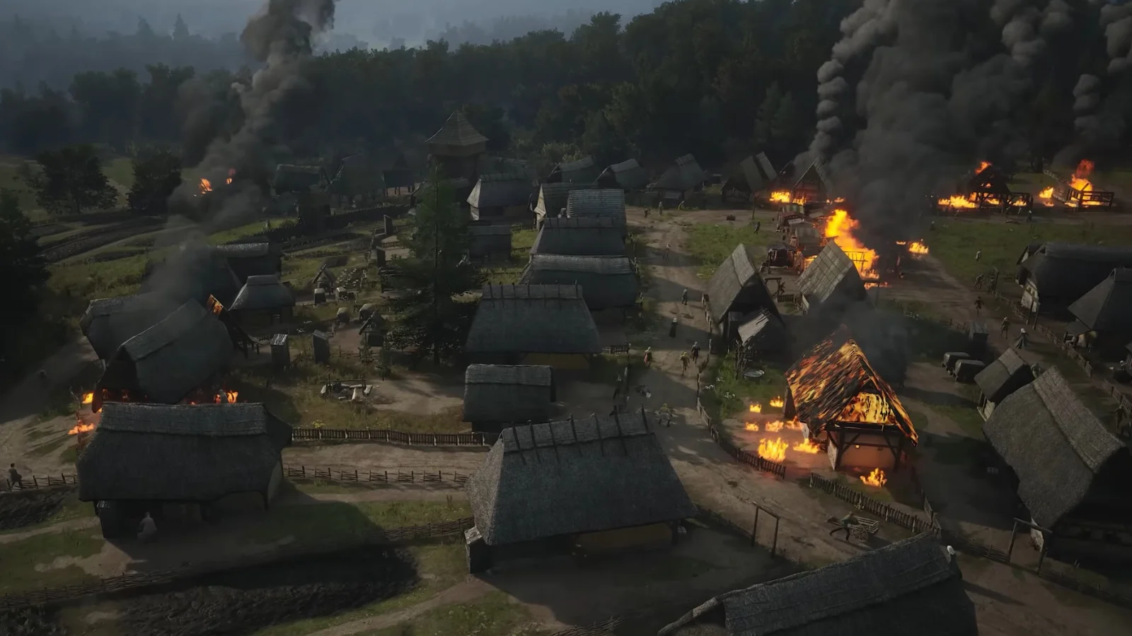 A fire spreading through a Manor Lords settlement