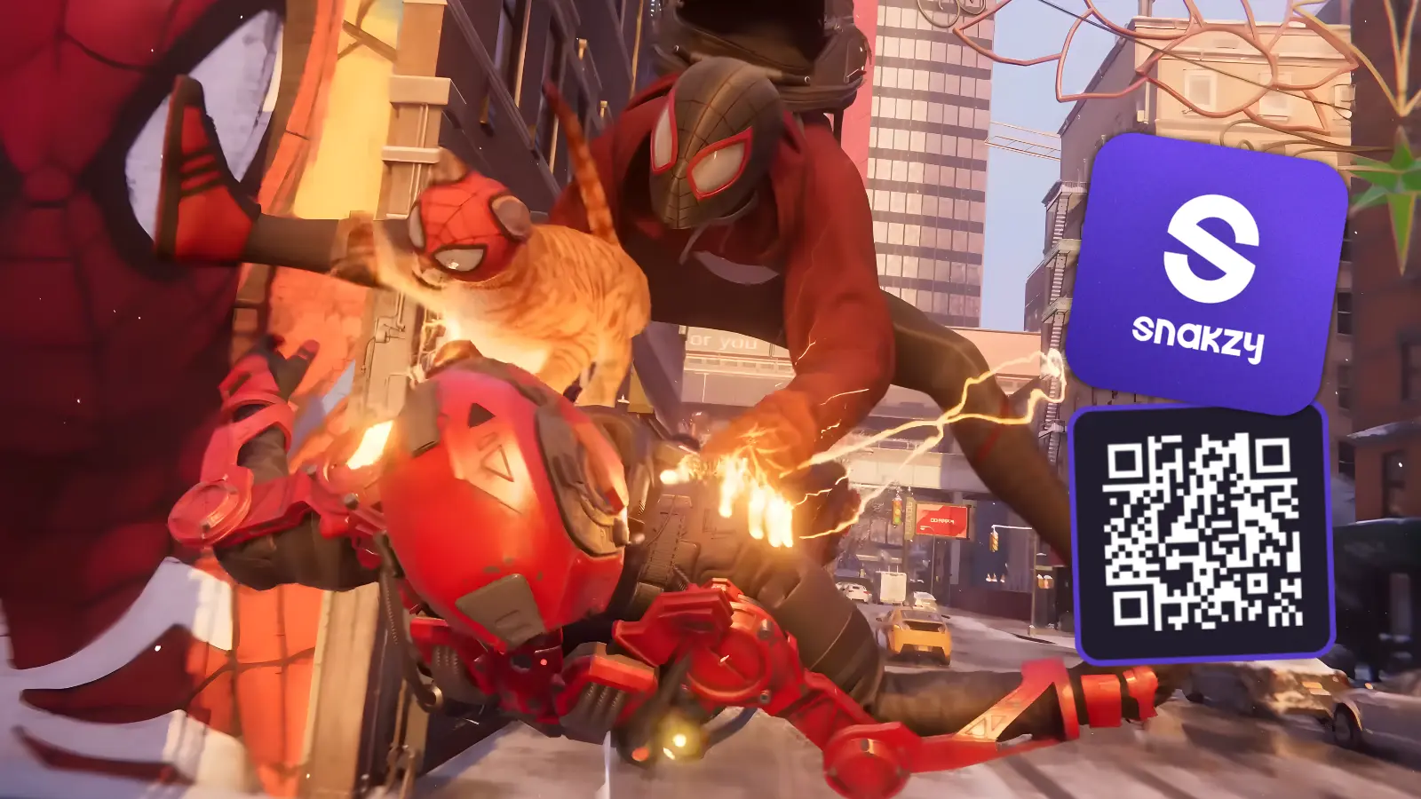 Miles Morales en una escena de lucha con el código QR de la aplicación Snakzy superpuesto