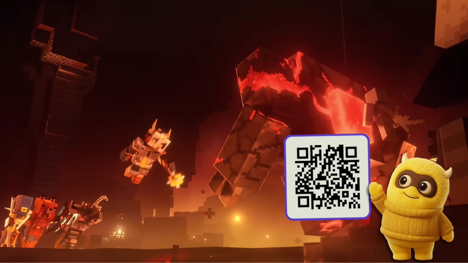 Snakzy mascot jumping beside a QR code to download the app
