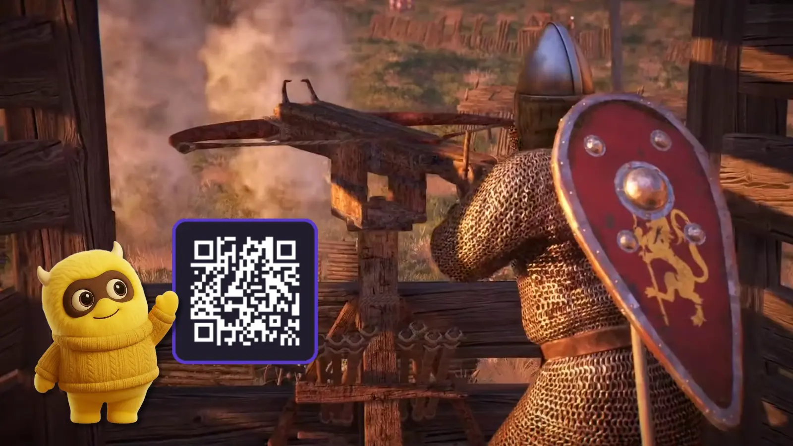 La mascota Snakzy y un código QR junto a un ballestero de Mount & Blade II: Bannerlord