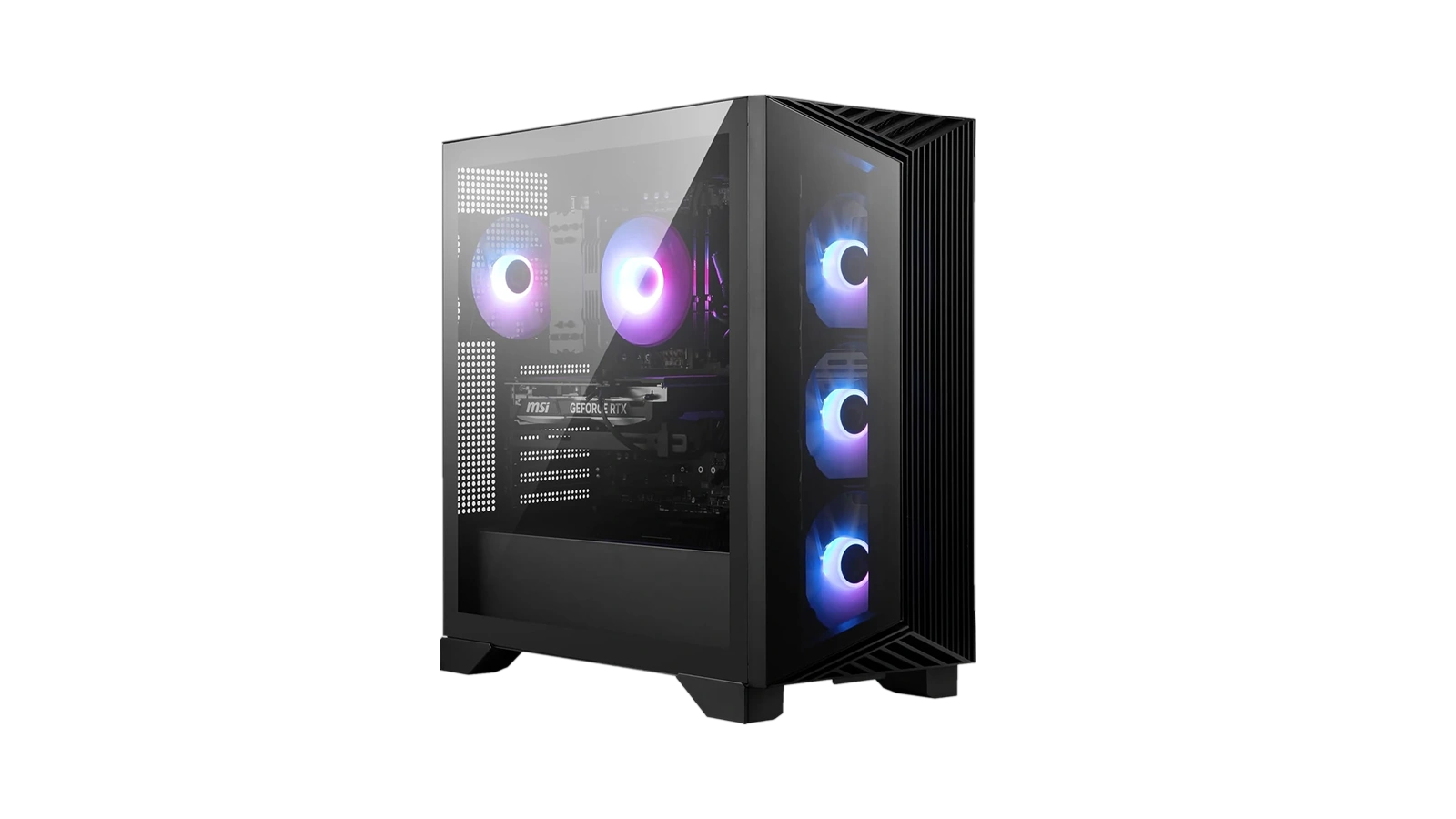 MSI Aegis Z2 gaming desktop front right view with tempered glass panel and RGB fans on white background