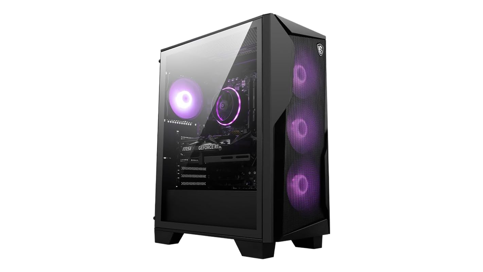 MSI Codex R2 Gaming Desktop with RGB fans glowing purple through tempered glass side panel
