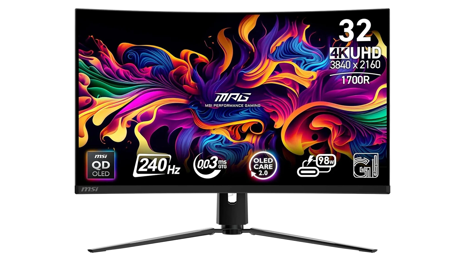 MSI MPG 321CURX QD-OLED 32-inch curved gaming monitor front view on dark background