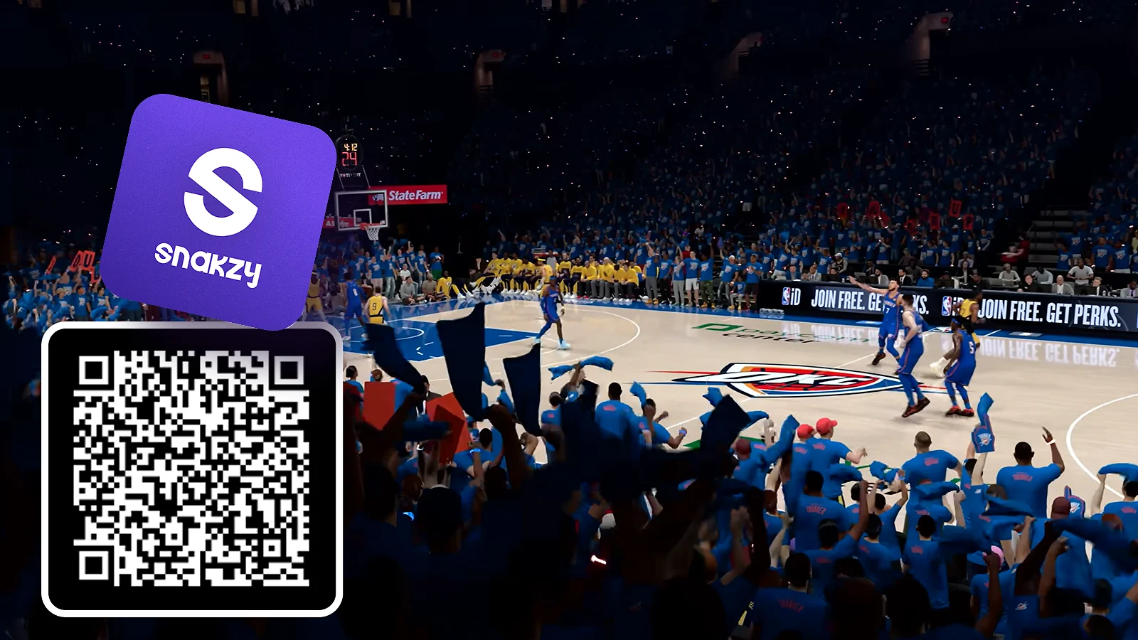 Snakzy logo and QR code over NBA 2K26 gameplay showing how to redeem free rewards